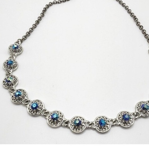 The Unbranded Brand Jewelry - Vintage Dark Blue Aurora Borealis Rhinestone Silver Tone Filagree Necklace 17.5"